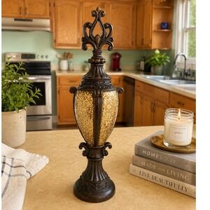 Bronze Ornate Decorative Finial Statue Amber Crackled Mosaic Glass 18 Inch